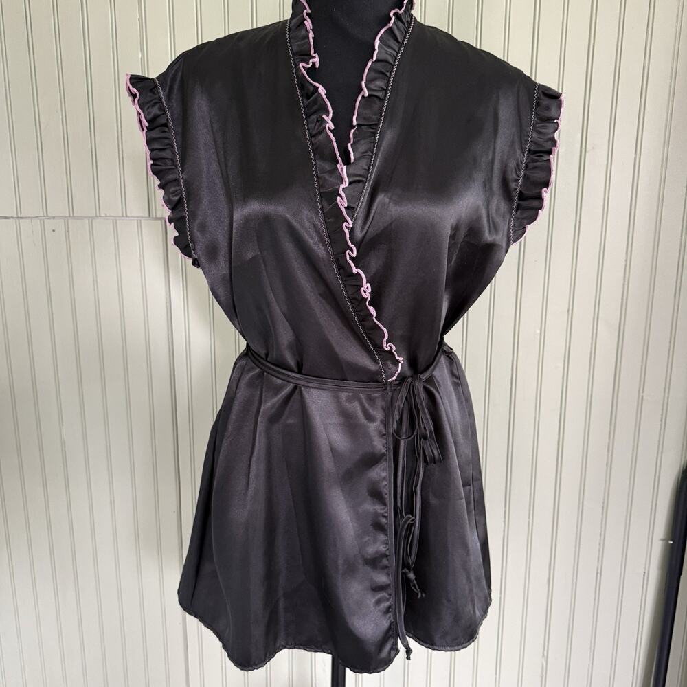 Vtg Y2K Babydoll Womens Black Pink Lingerie Robe Wrap Front Ruffle Medium Silky